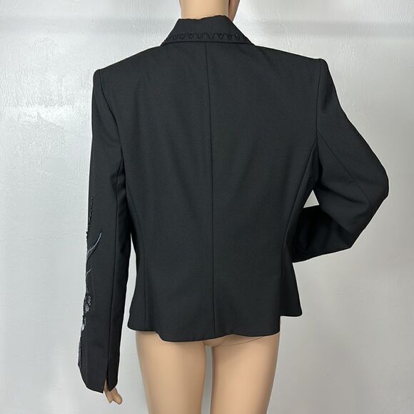Cache Black Floral Beaded Embroidered Single Button Closure Blazer Jacket Sz 12 - Picture 5 of 11